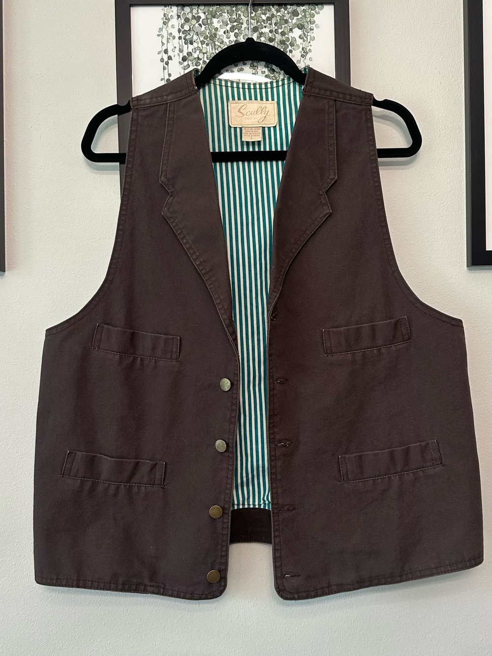 Scully Vintage Vest Brown Button Down Cotton Canvas Striped Lined Vest L